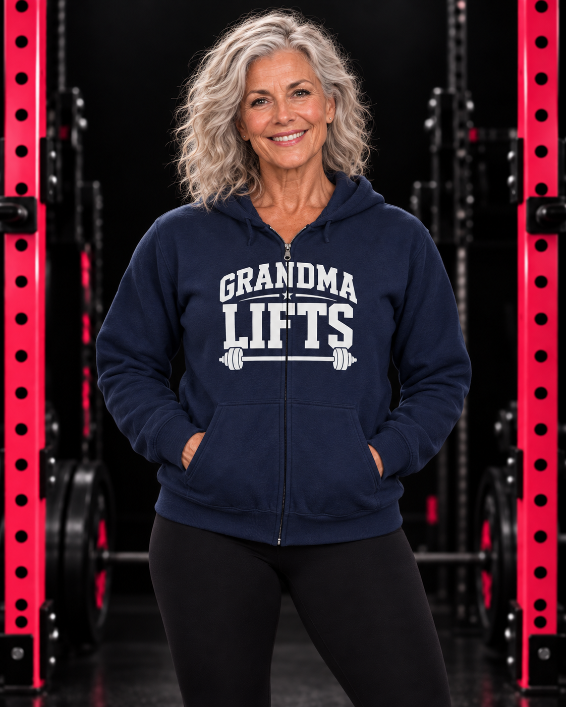 Grandma Lifts white front logo navy full zip hoodie on mature woman in black gym with pink racks