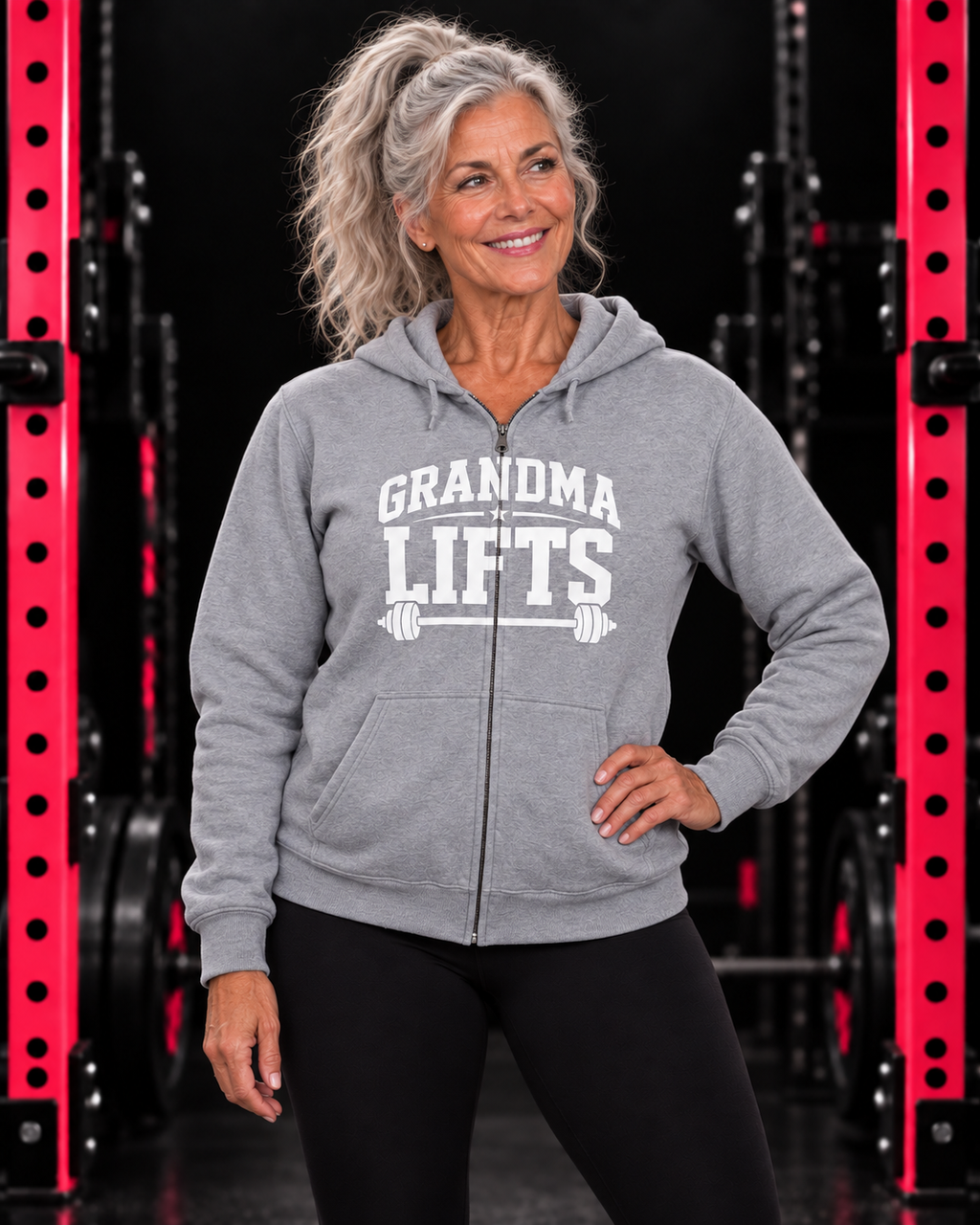 Grandma Lifts white front logo sport-grey full zip hoodie on mature woman in black gym with pink racks