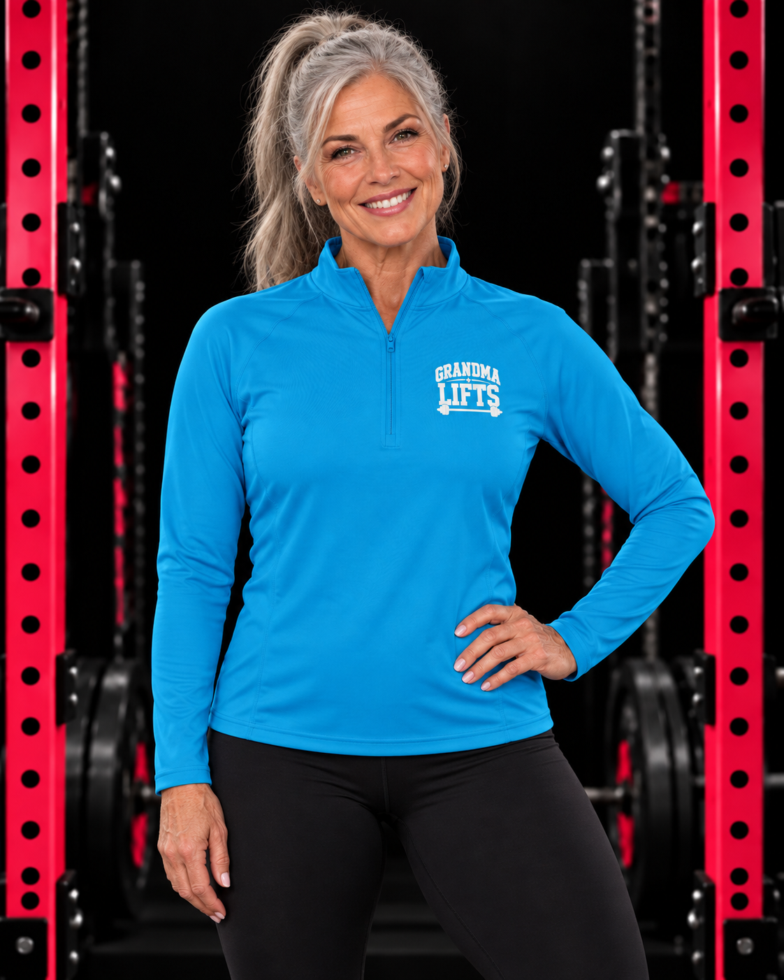 Grandma Lifts quarter-zip pullover in Atomic Blue, worn by a fit grandmother