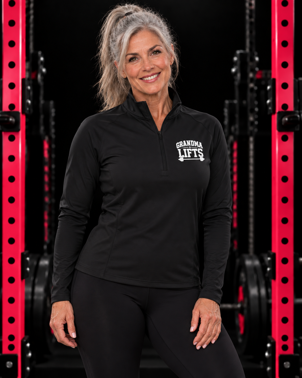 Grandma Lifts - Ladies Quarter-Zip Athletic Pullover — grandma-quarter-black
