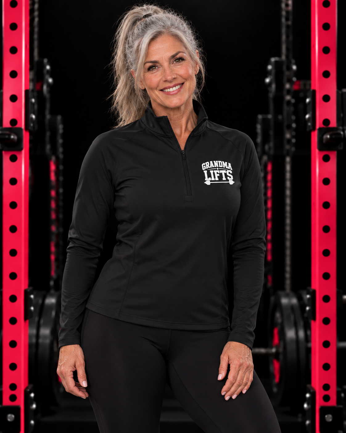 Grandma Lifts - Ladies Quarter-Zip Athletic Pullover — grandma-quarter-black