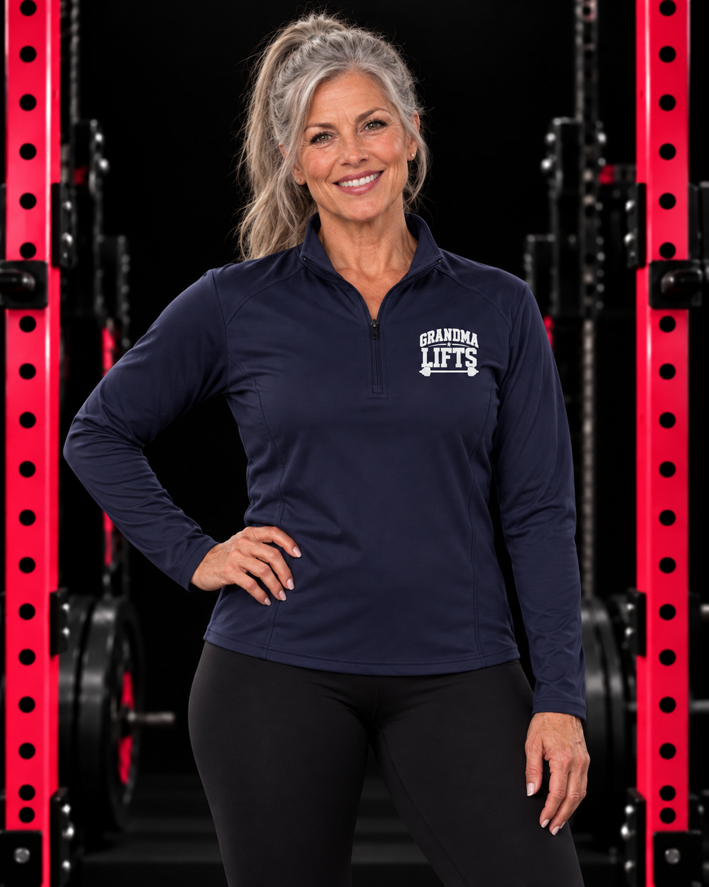 Grandma Lifts quarter-zip pullover in True Navy, worn by a fit grandmother