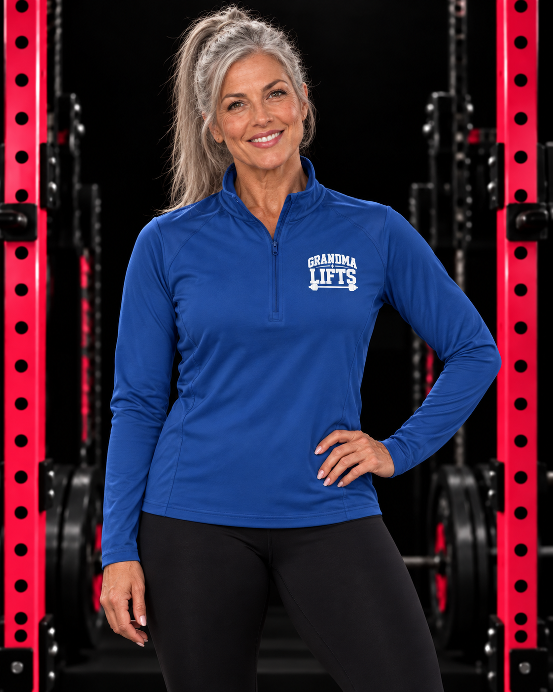 Grandma Lifts quarter-zip pullover in True Royal, worn by a fit grandmother