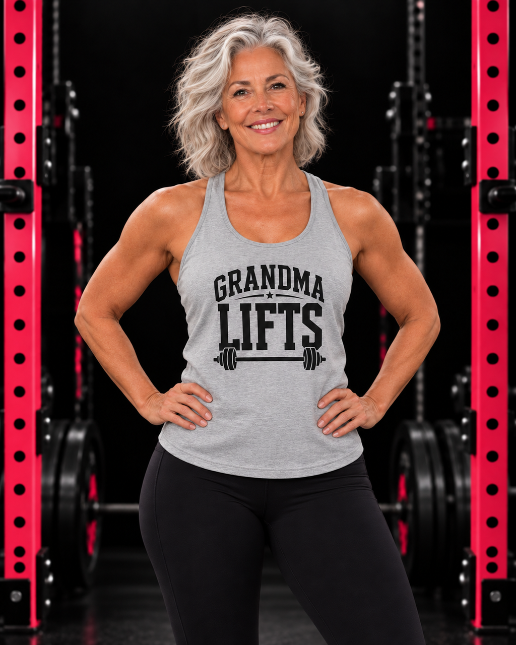 Grandma Lifts grey racerback tank with black logo on mature woman in black gym with pink racks
