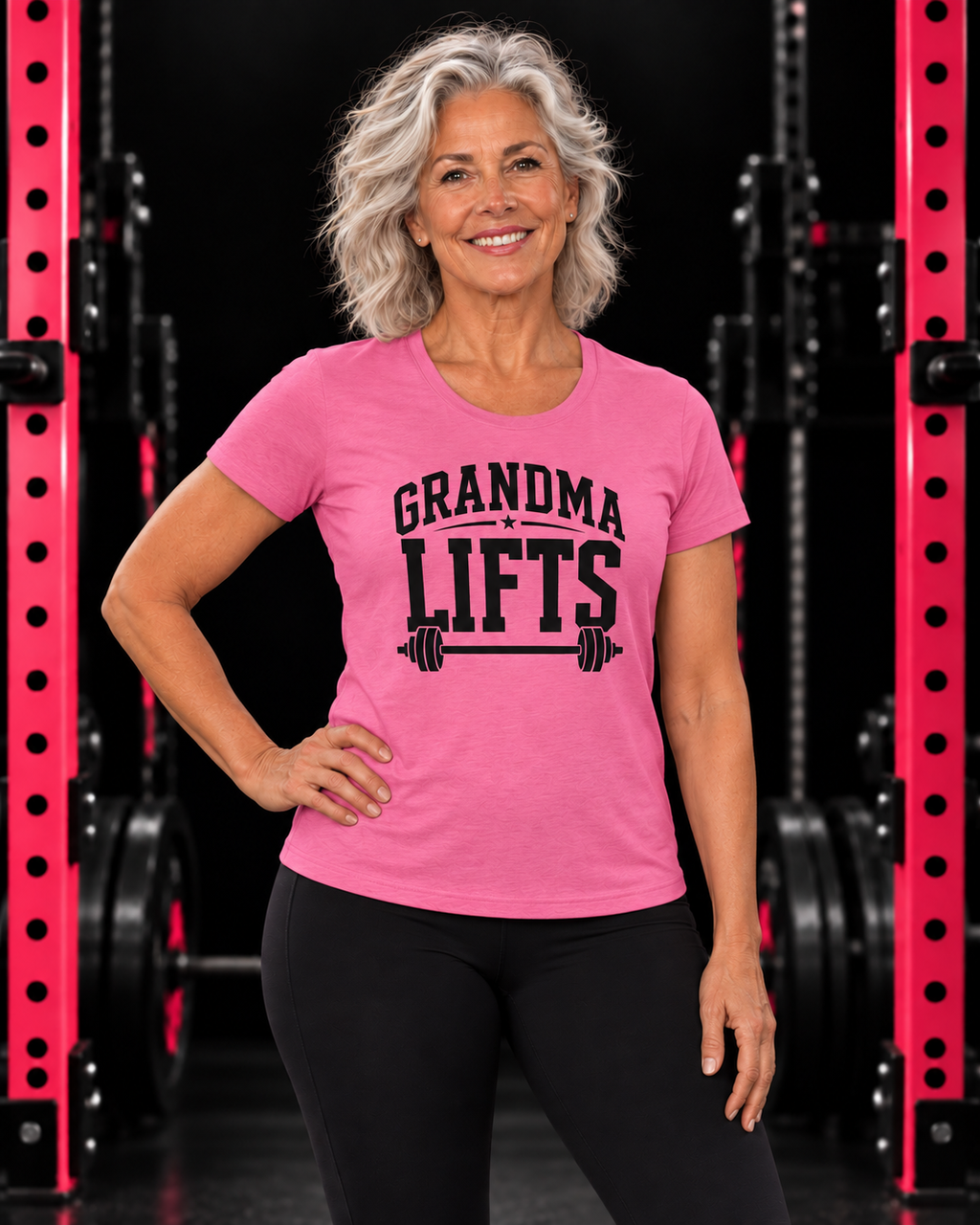 grandma tee azalea in black gym with pink racks