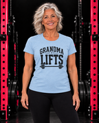 grandma tee light blue in black gym with pink racks