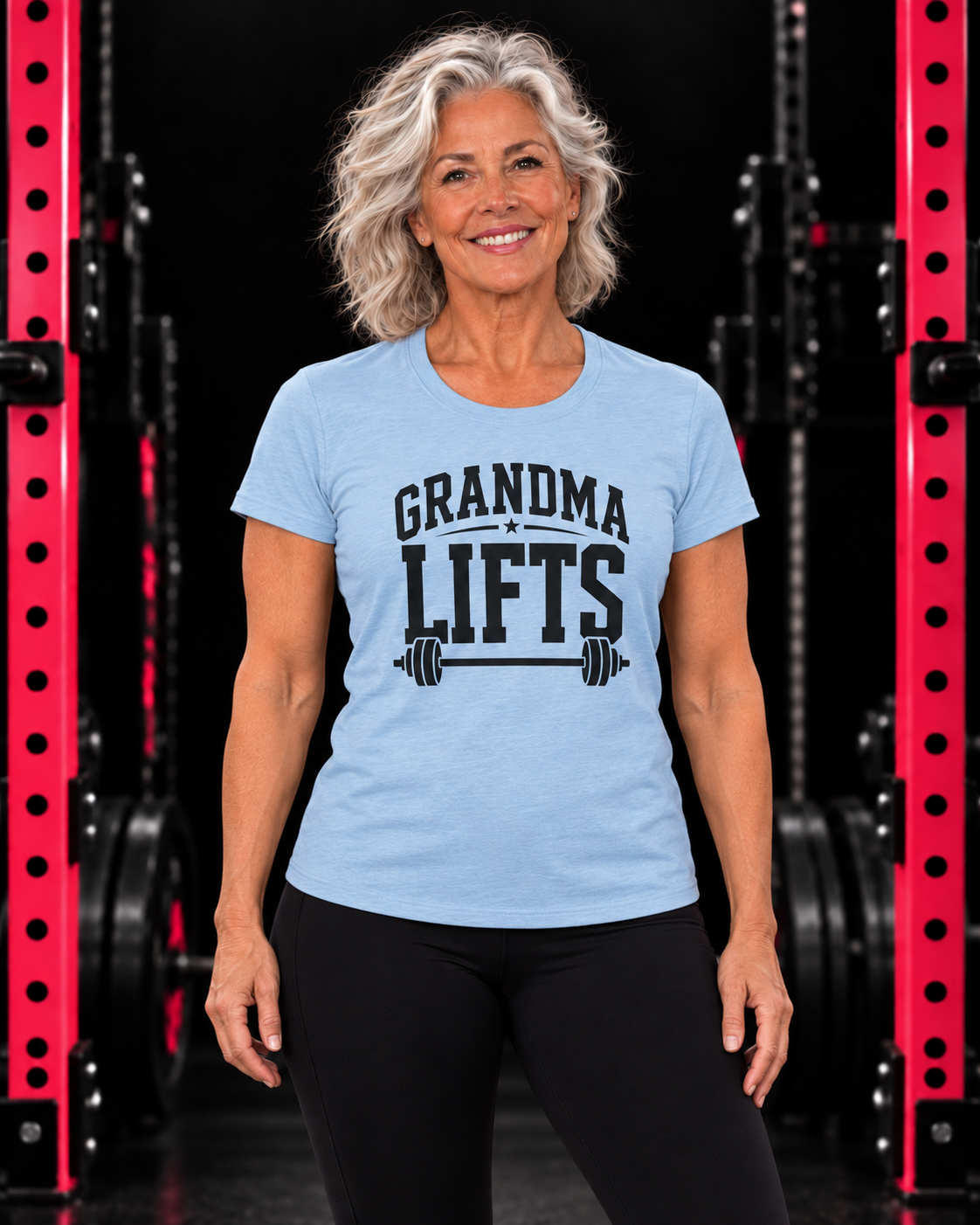 grandma tee light blue in black gym with pink racks