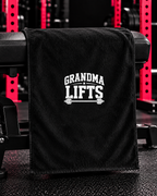 Grandma Lifts towel in signature pink rack gym