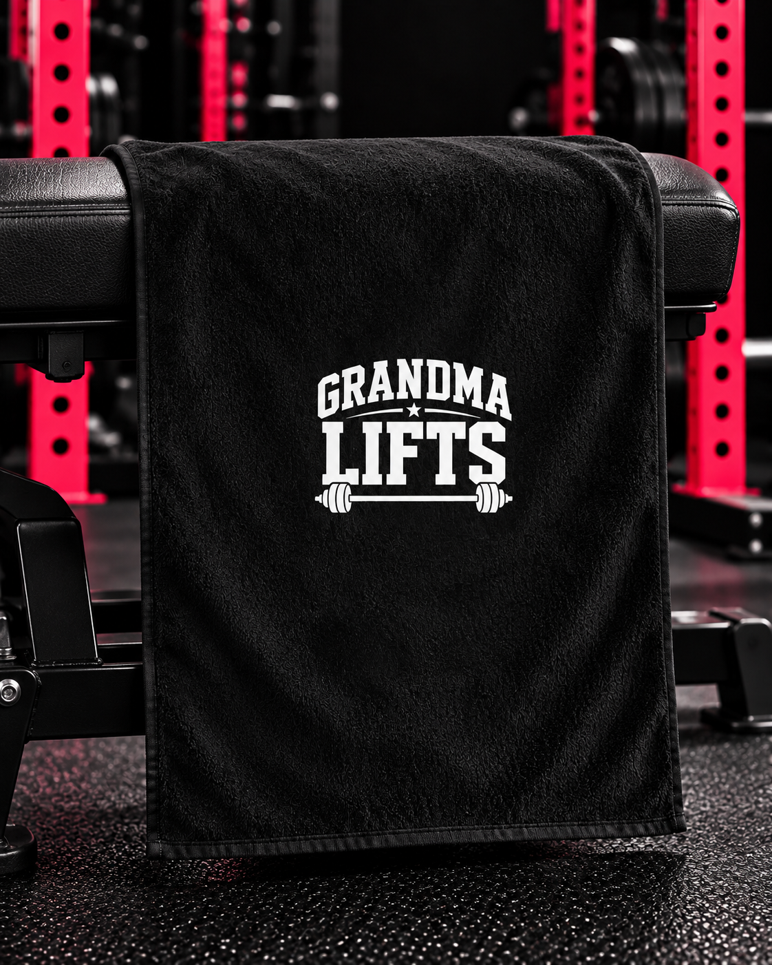 Grandma Lifts towel in signature pink rack gym