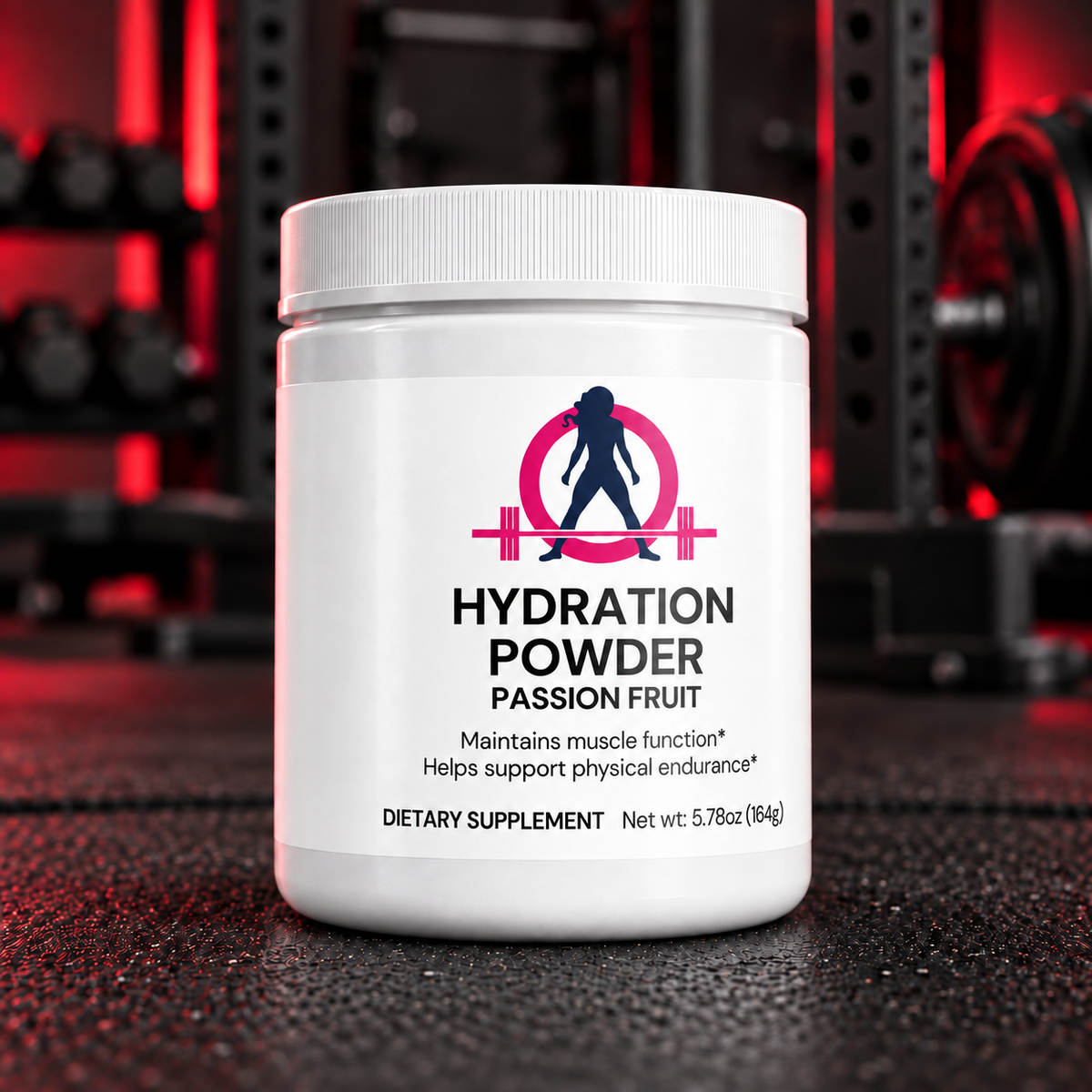 Passion Fruit Hydration Powder in black and red gym