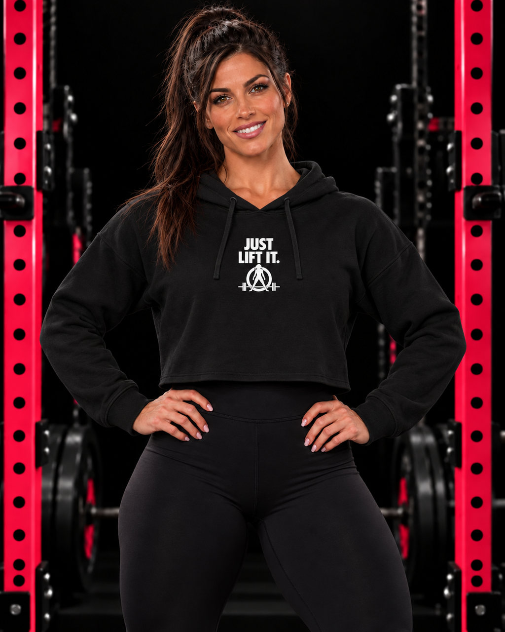 Just Lift It black cropped hoodie with original small white chest design in red-pink gym