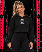 Just Lift It black cropped hoodie with original small white chest design in red-pink gym