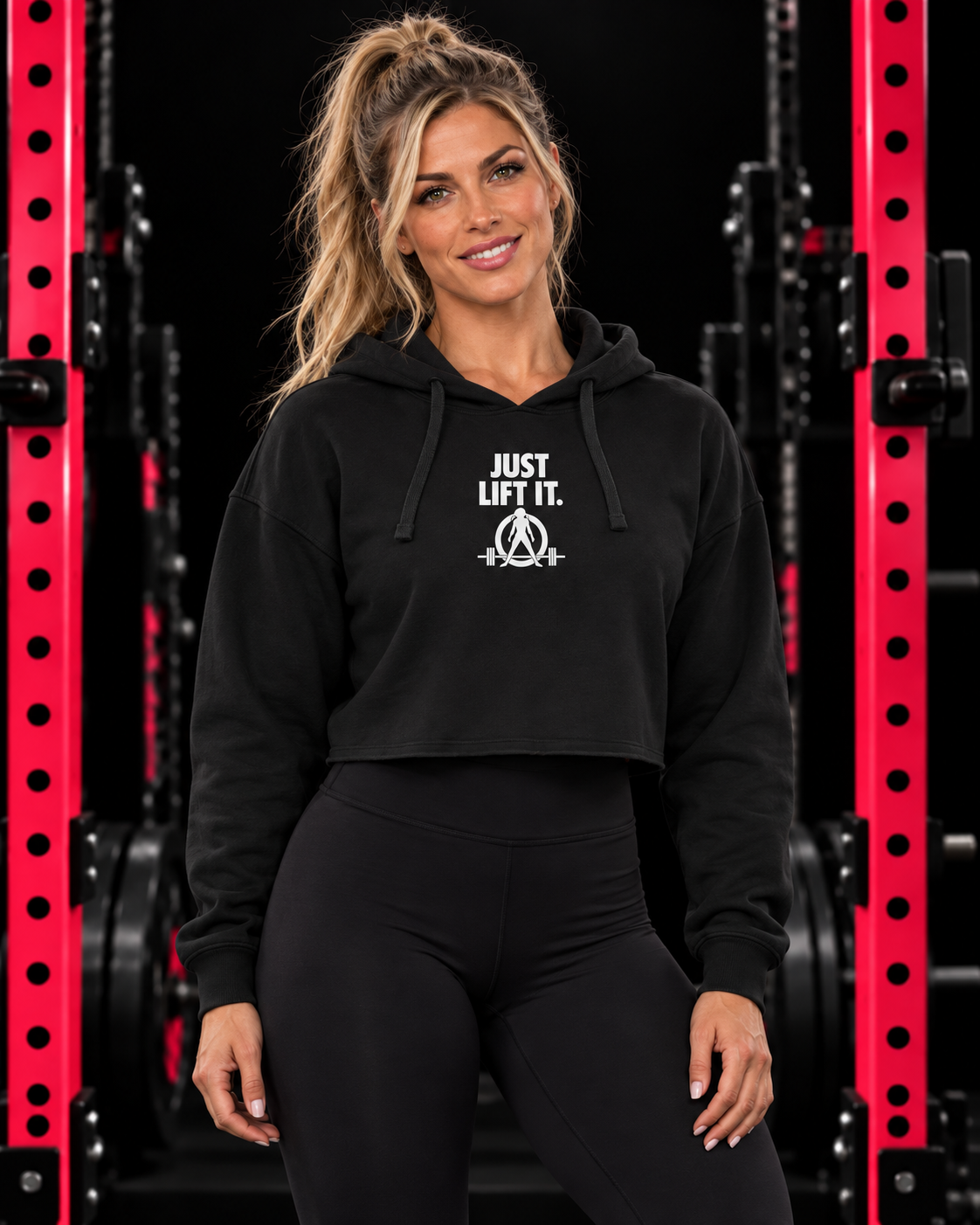 Just Lift It black cropped hoodie with original small white chest design in red-pink gym