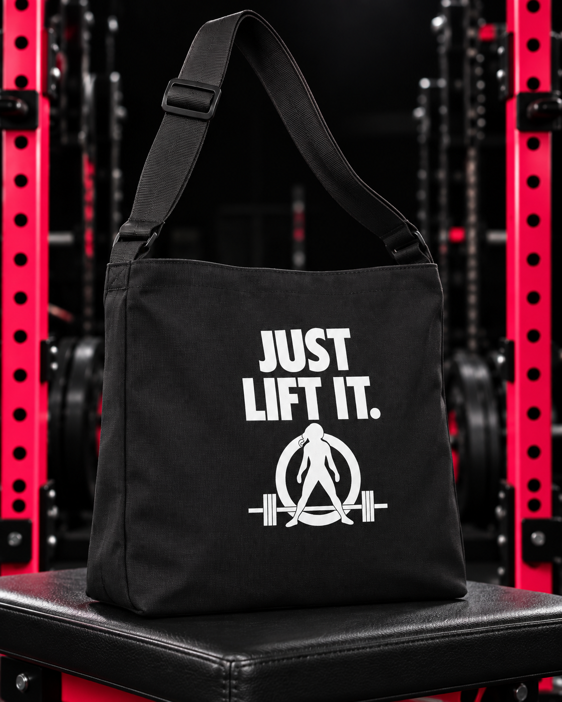 Just Lift It adjustable tote with bright red-pink gym background