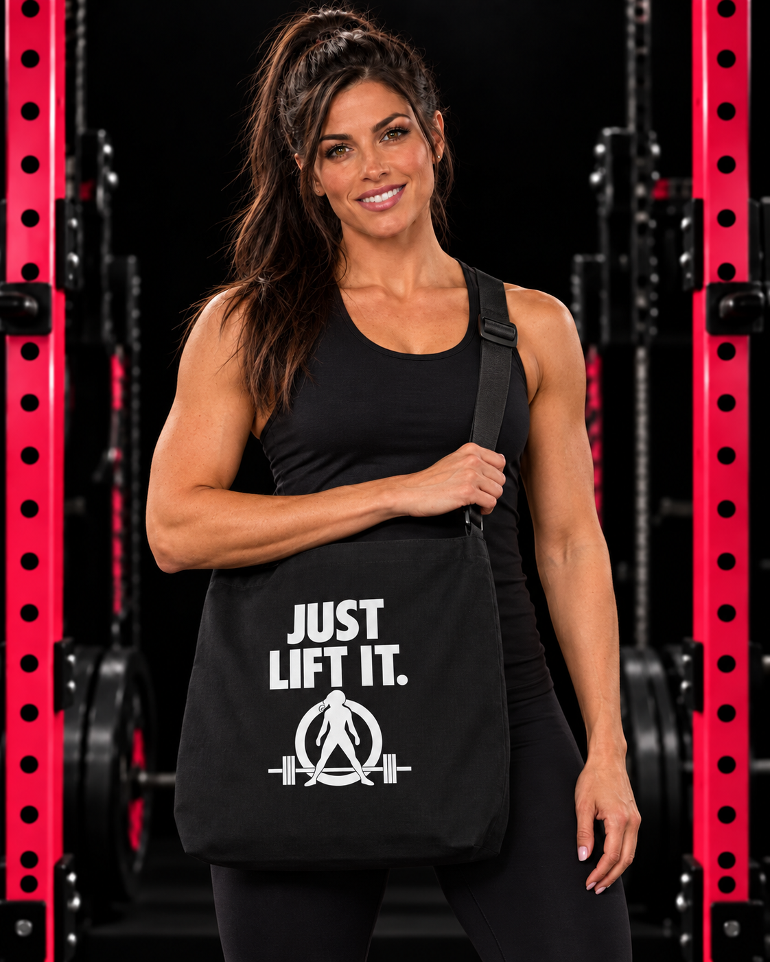 Just Lift It adjustable tote with bright red-pink gym background