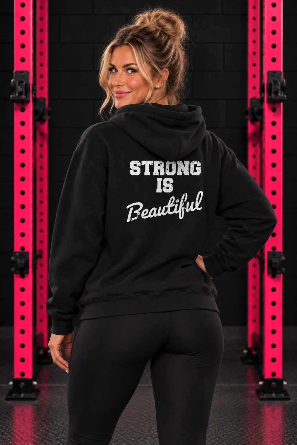 Black Strong Is Beautiful hoodie back print, female model between pink squat rack uprights