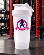 WWLW Protein Shaker Bottle — 24oz - White & Hot Pink — portrait product photo on a charcoal counter in the WWLW gym