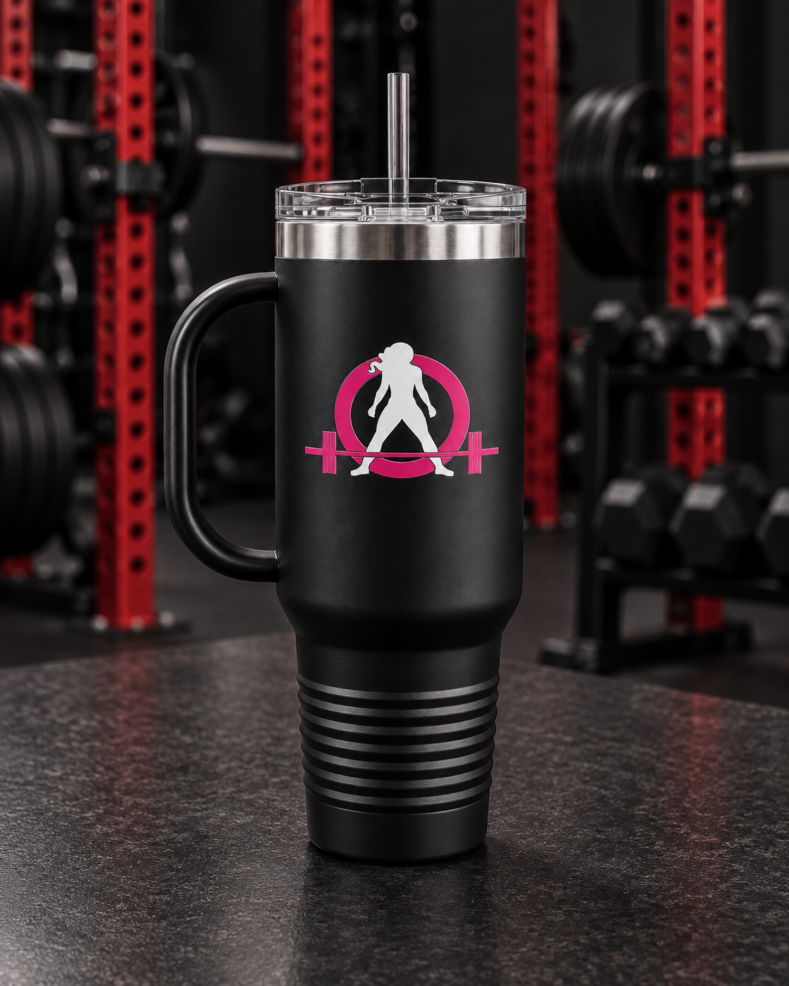 40oz Insulated Travel Mug — WWLW Classic Logo — portrait product photo on a charcoal counter in the WWLW gym