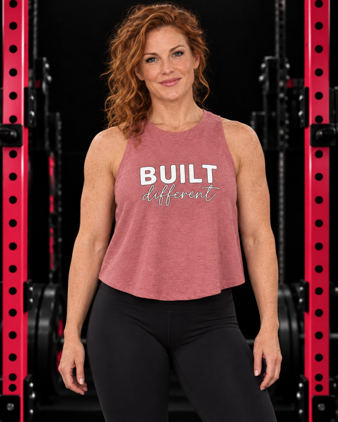 Built Different - Women's Crop Top - White Logo, heather-mauve, front view, black gym and pink rack