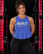 Built Different - Women's Crop Top - White Logo, heather-true-royal, front view, black gym and pink rack