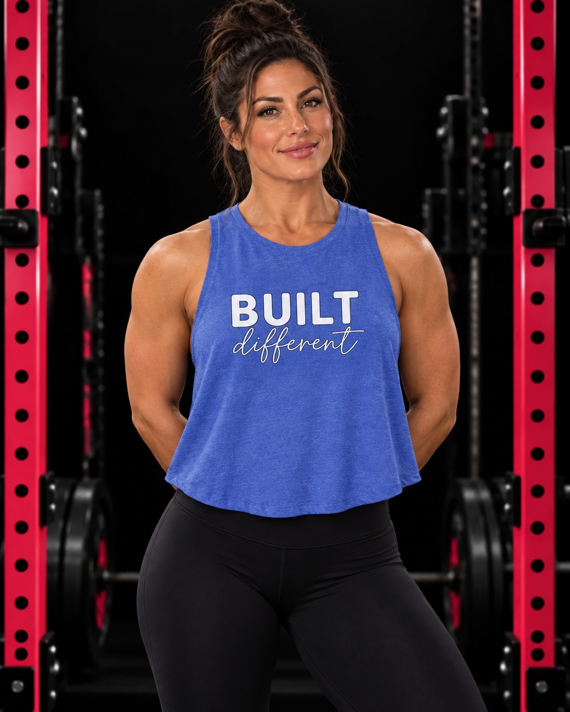 Built Different - Women's Crop Top - White Logo, heather-true-royal, front view, black gym and pink rack