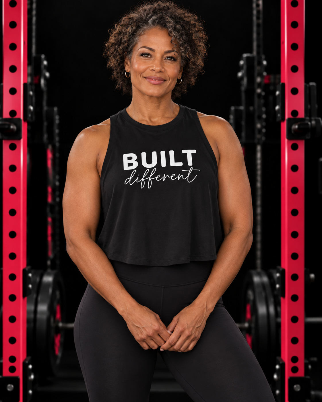 Built Different - Women's Crop Top - White Logo, solid-black-blend, front view, black gym and pink rack