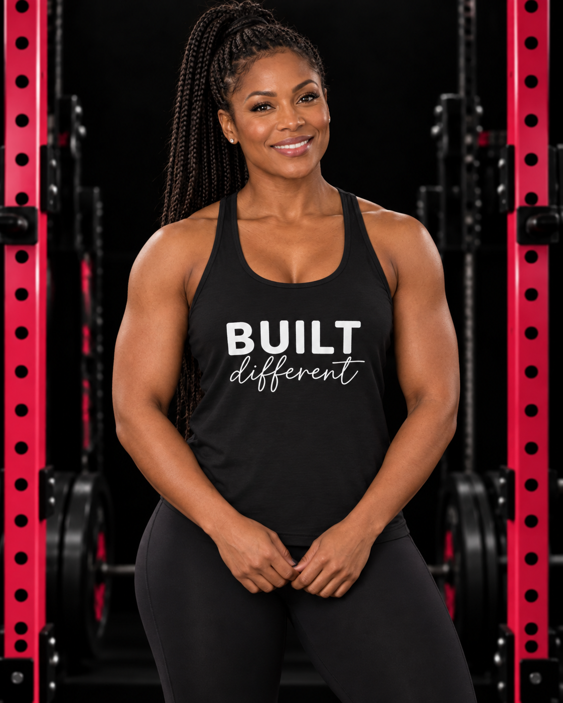 Built Different - Women's Ideal Racerback Tank - White Logo, black, front view, black gym and pink rack