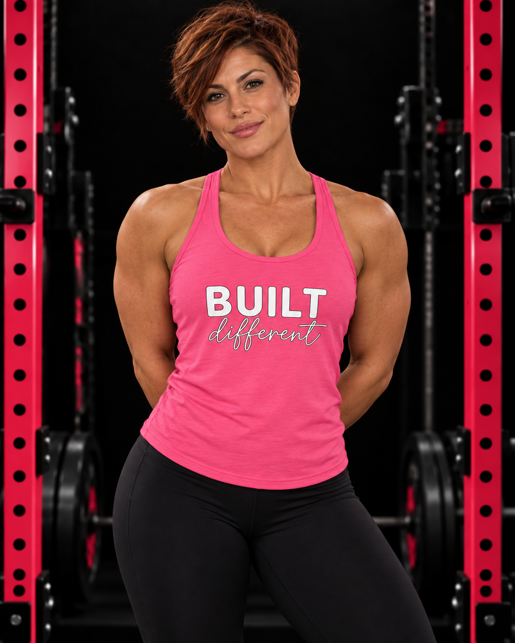 Built Different - Women's Ideal Racerback Tank - White Logo, hot-pink, front view, black gym and pink rack