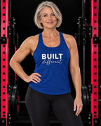 Built Different - Women's Ideal Racerback Tank - White Logo, royal-blue, front view, black gym and pink rack