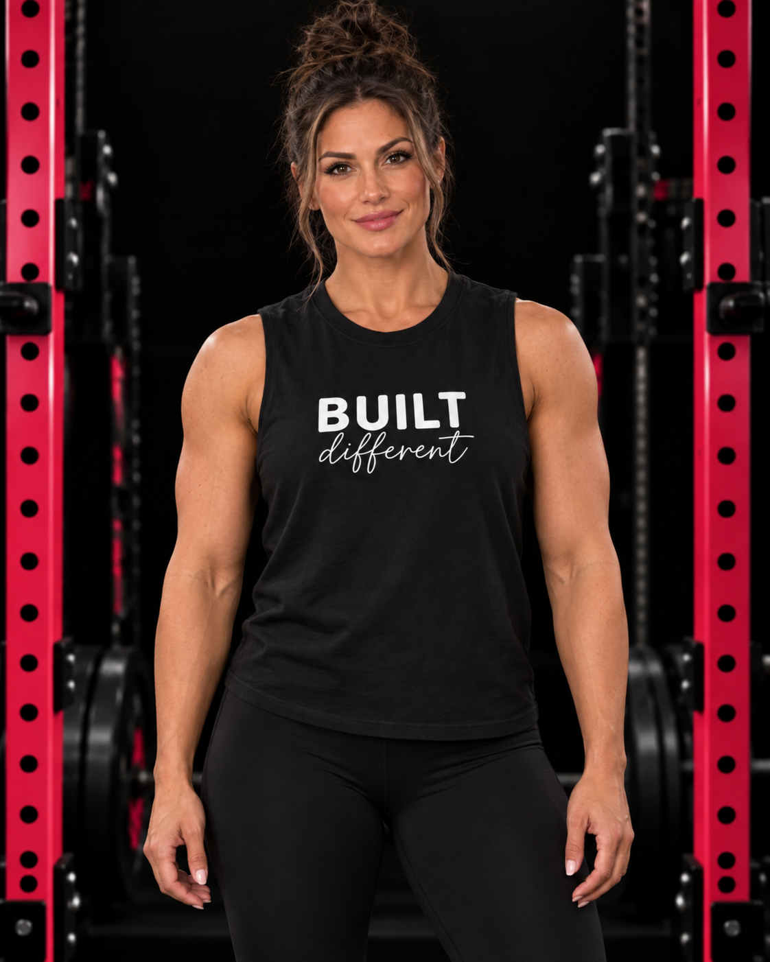Built Different Muscle Tank — White Logo Front & Back, black, front view, black gym and pink rack