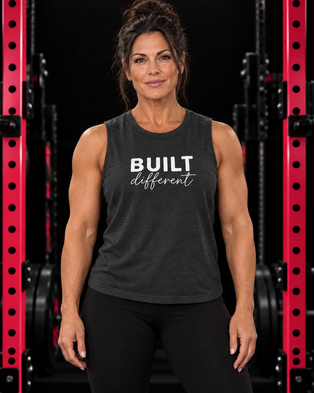 Built Different Muscle Tank — White Logo Front & Back, dark-grey-heather, front view, black gym and pink rack