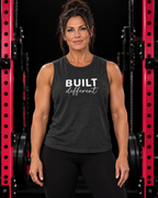 Built Different Muscle Tank — White Logo Front & Back, dark-grey-heather, front view, black gym and pink rack