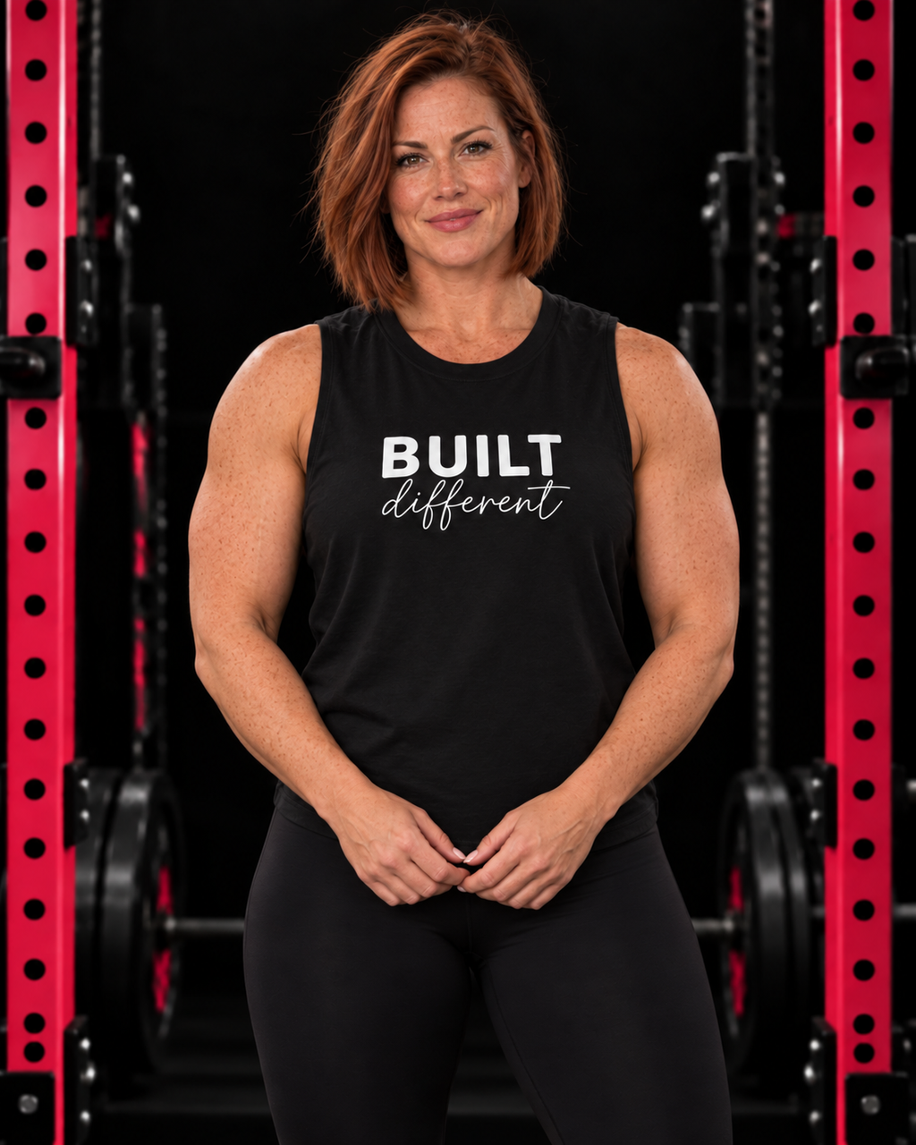 Built Different Muscle Tank — White Logo Front & Back — gym model hero