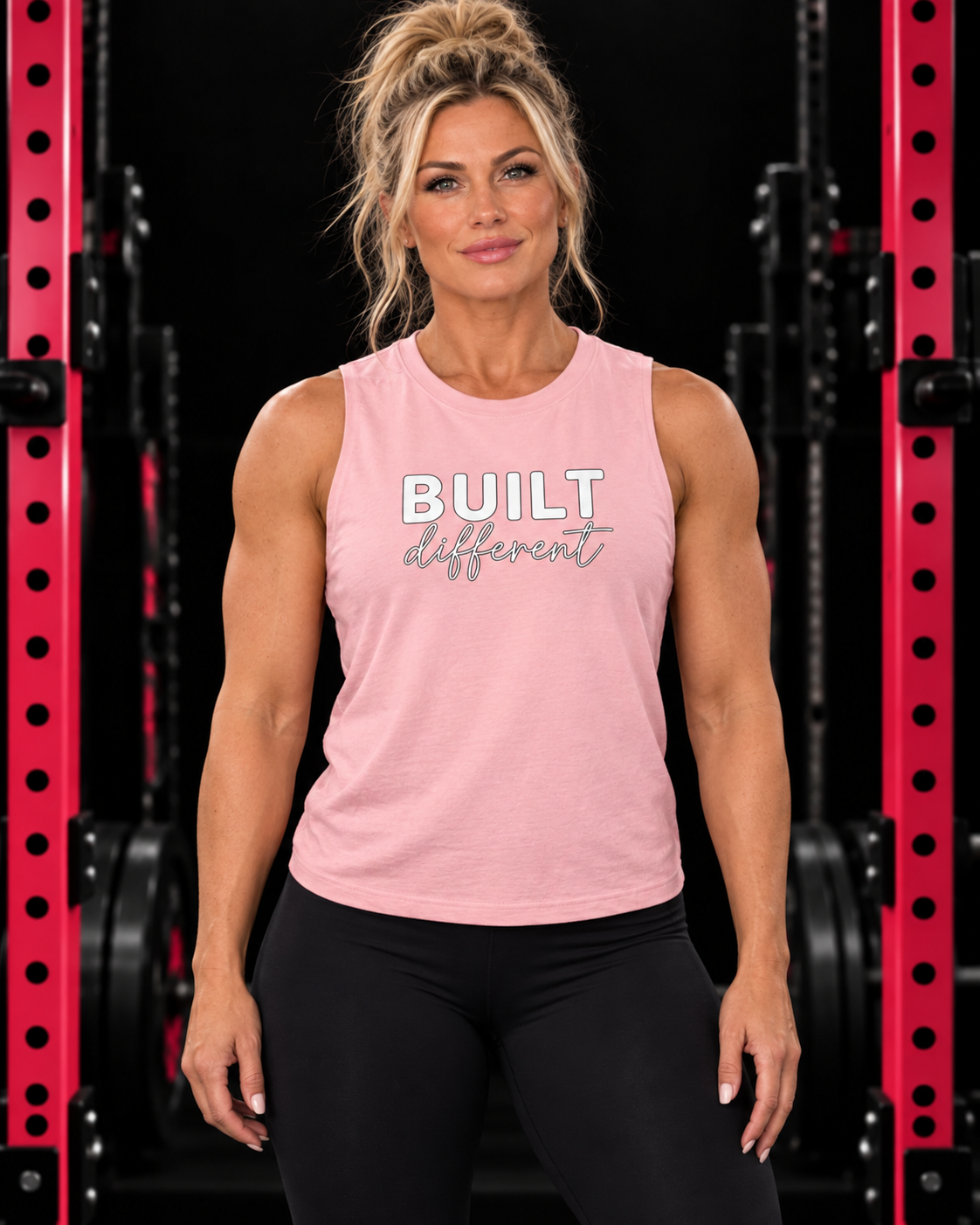Built Different Muscle Tank — White Logo Front & Back, pink, front view, black gym and pink rack