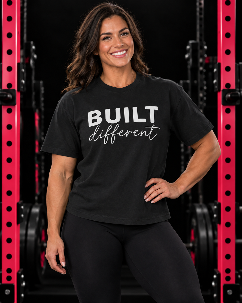 Built Different Tee — Women's 6-Ounce Heavyweight Tee, vintage black, front view on muscular woman in black gym with pink racks