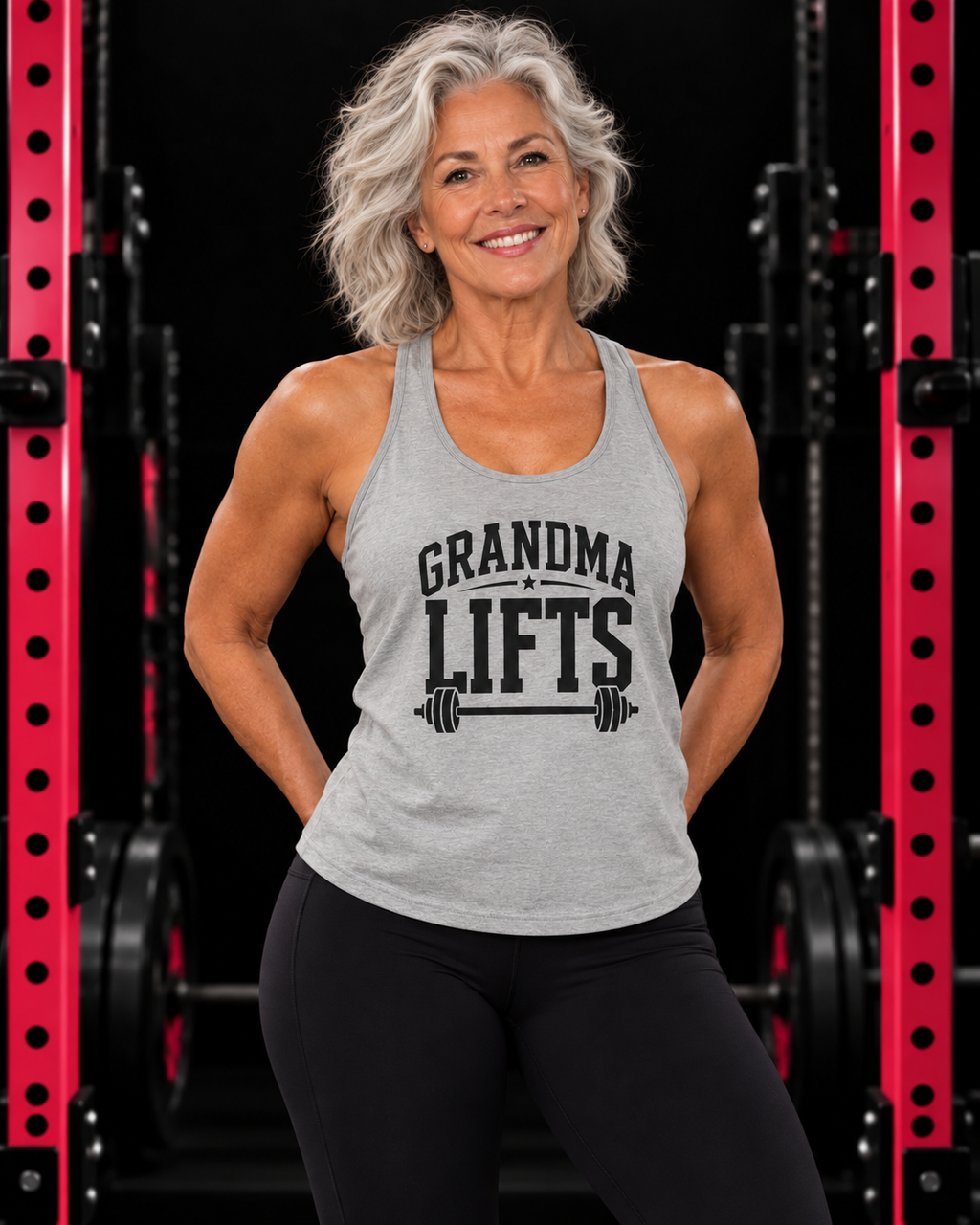 Grandma Lifts - Women's Ideal Racerback Tank - Black Logo Front Plan Back, heather-grey, front view in black gym with pink rack