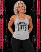 Grandma Lifts - Women's Ideal Racerback Tank - Black Logo Front Plan Back, heather-grey, front view in black gym with pink rack