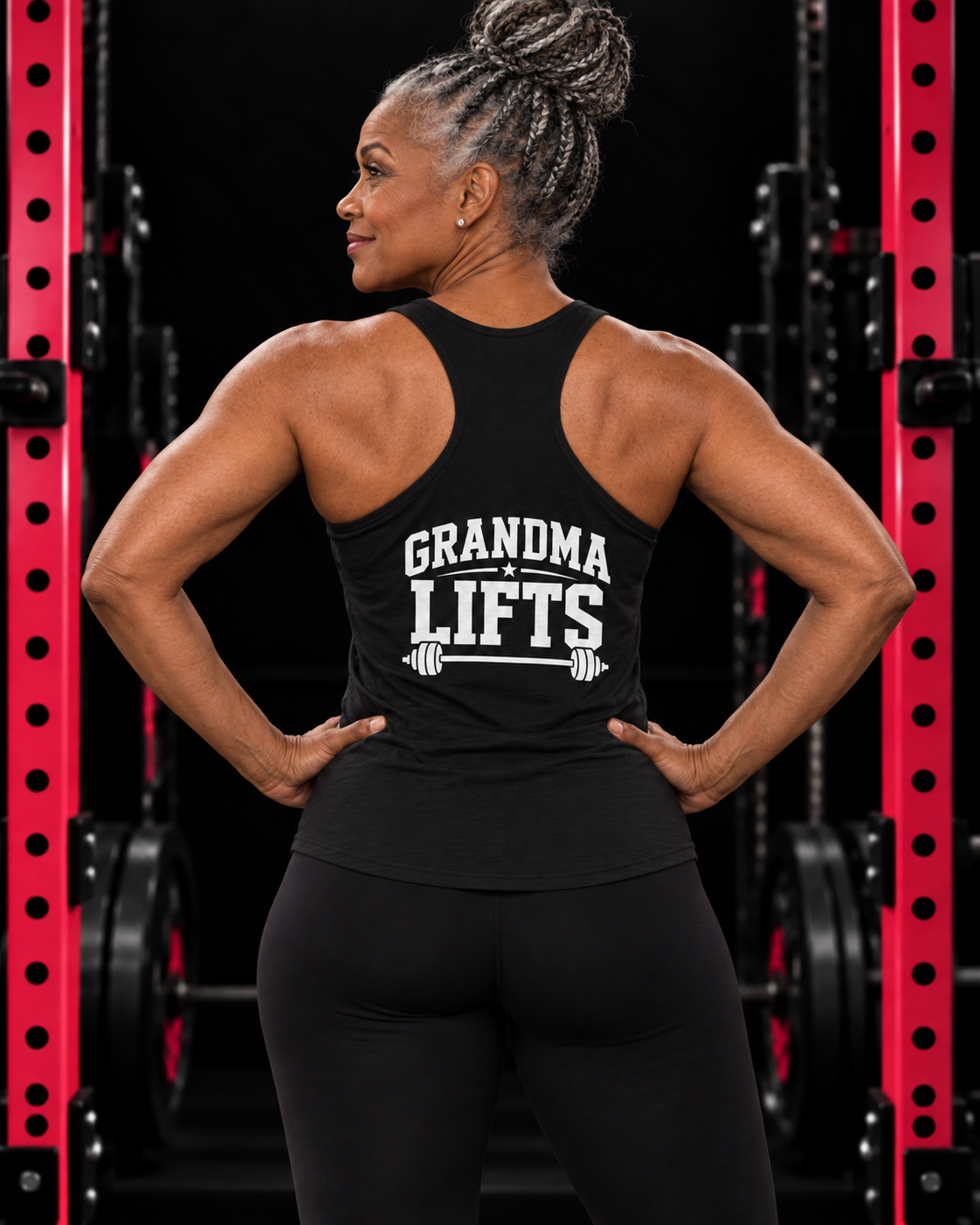 Grandma Lifts - Women's Ideal Racerback Tank - White Logo Front & Back — gym model hero
