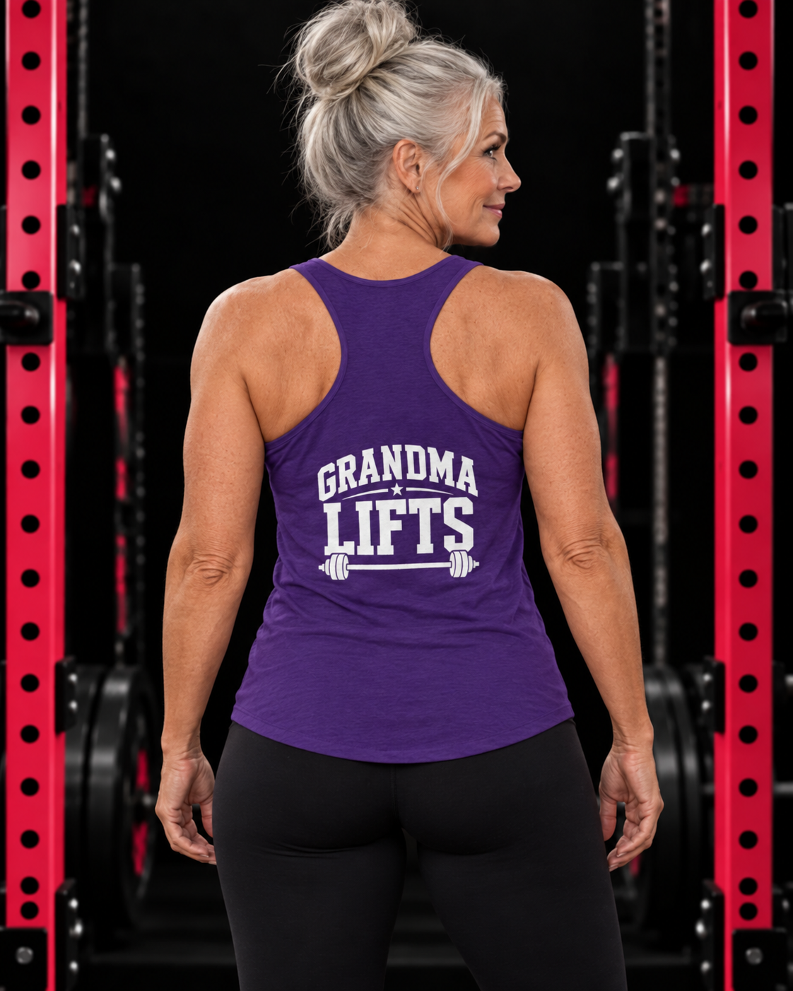 Grandma Lifts - Women's Ideal Racerback Tank - White Logo Front & Back, purple, back view, black gym and pink rack