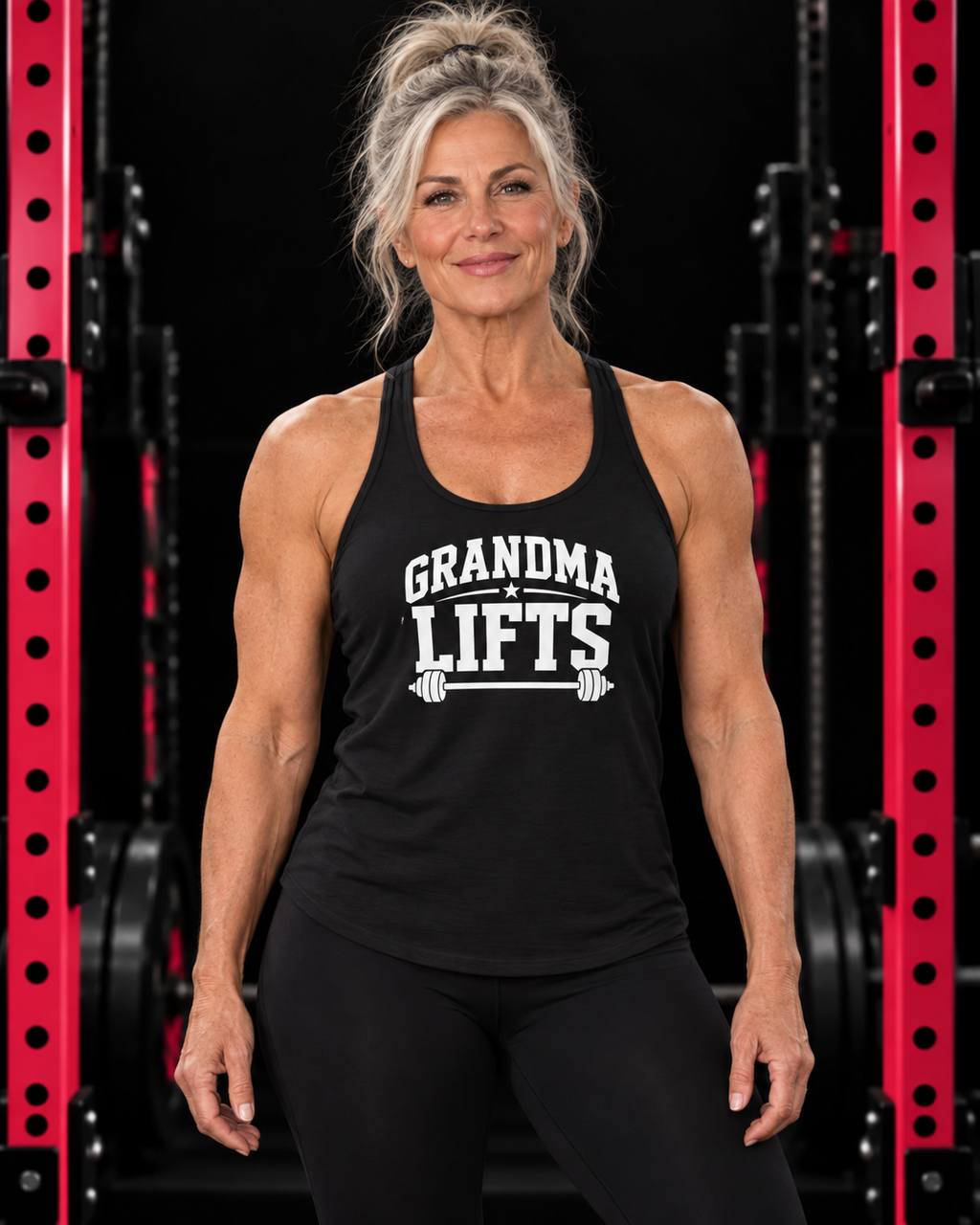 Grandma Lifts - Women's Ideal Racerback Tank - Black Logo Front Plain Back, black, front view, black gym and pink rack
