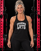 Grandma Lifts - Women's Ideal Racerback Tank - Black Logo Front Plain Back, black, front view, black gym and pink rack
