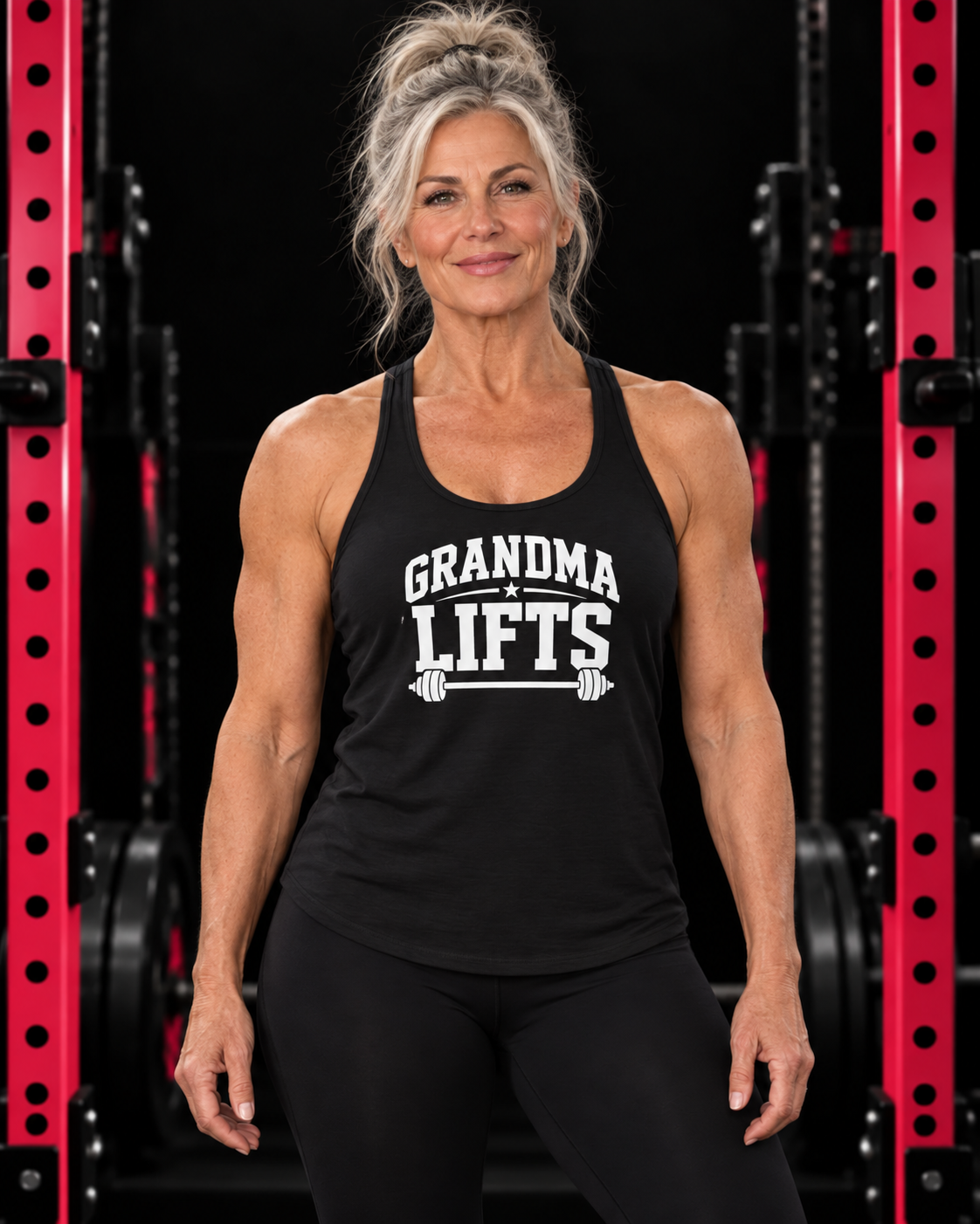 Grandma Lifts - Women's Ideal Racerback Tank - Black Logo Front Plain Back, black, front view, black gym and pink rack