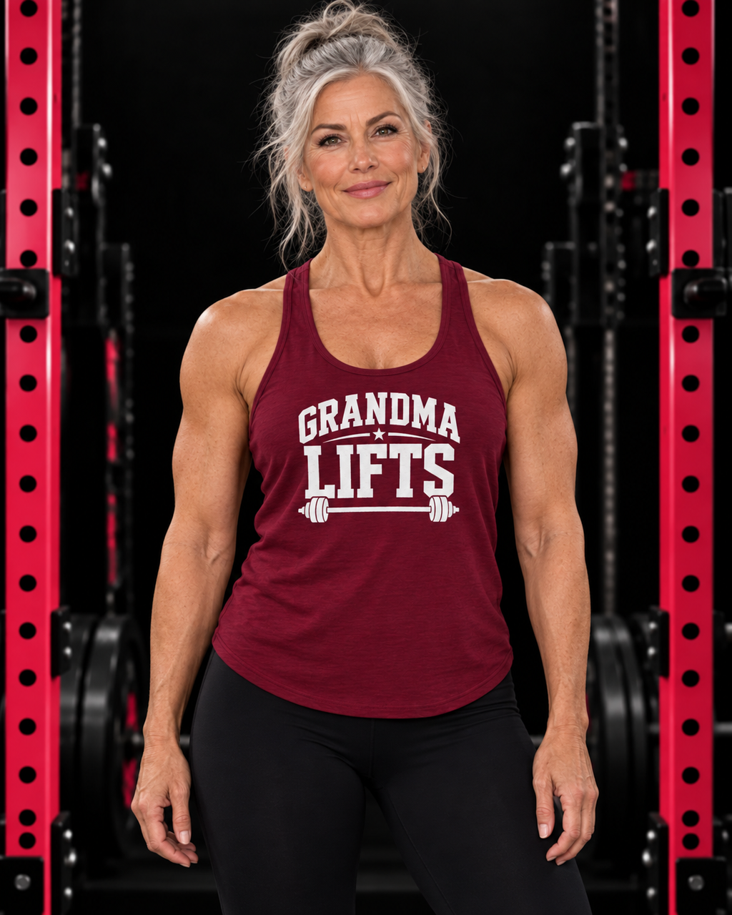 Grandma Lifts - Women's Ideal Racerback Tank - Black Logo Front Plain Back, cardinal-red, front view, black gym and pink rack