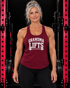 Grandma Lifts - Women's Ideal Racerback Tank - Black Logo Front Plain Back, cardinal-red, front view, black gym and pink rack