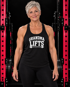 Grandma Lifts - Women's Ideal Racerback Tank - Black Logo Front Plain Back — gym model hero
