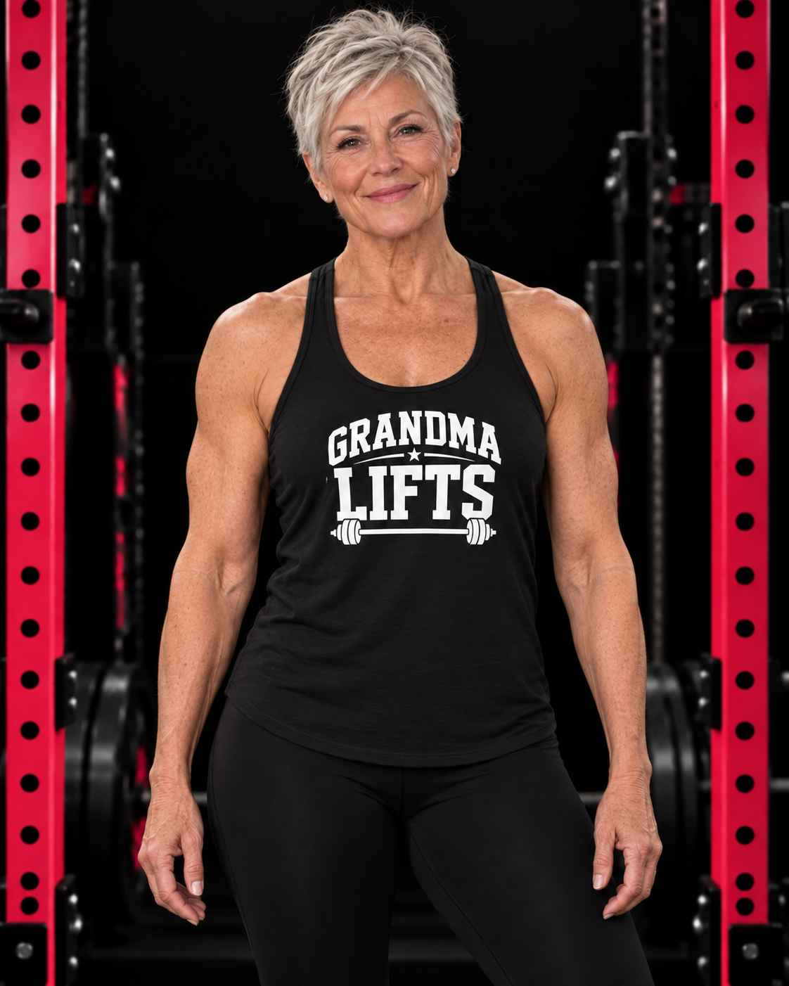 Grandma Lifts - Women's Ideal Racerback Tank - Black Logo Front Plain Back — gym model hero