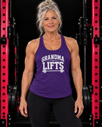 Grandma Lifts - Women's Ideal Racerback Tank - Black Logo Front Plain Back, purple, front view, black gym and pink rack