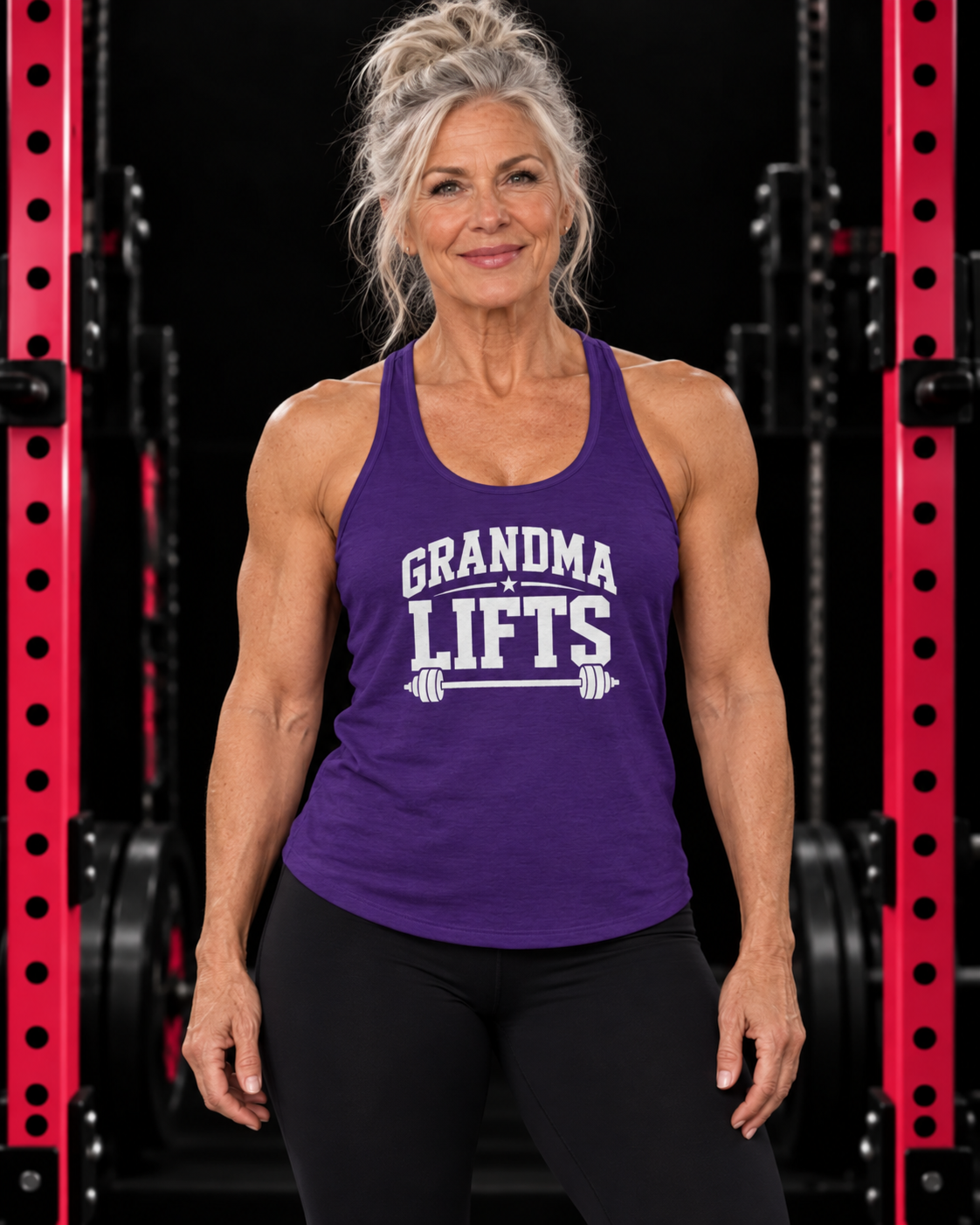 Grandma Lifts - Women's Ideal Racerback Tank - Black Logo Front Plain Back, purple, front view, black gym and pink rack