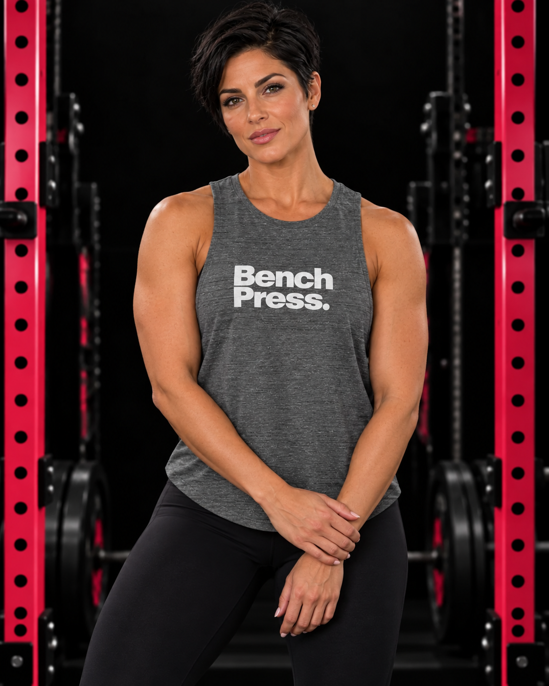 Bench Press. - Women's Flowy Scoop Muscle Tank, asphalt-slub, front view, black gym and pink rack
