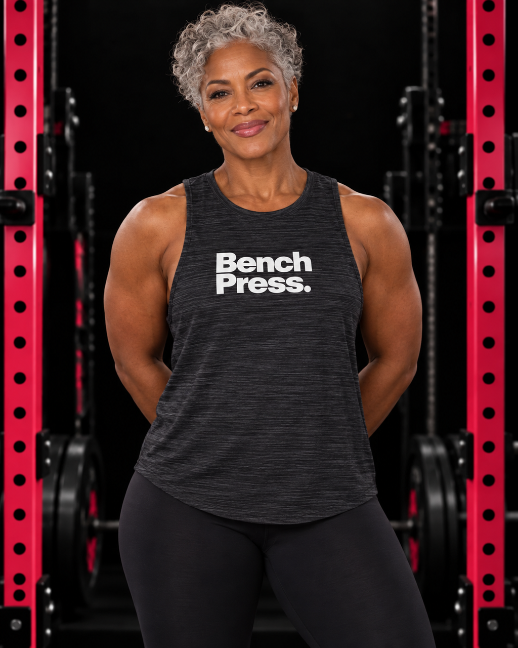 Bench Press. - Women's Flowy Scoop Muscle Tank, black-slub, front view, black gym and pink rack